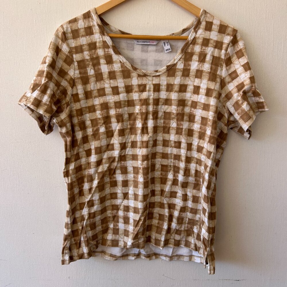 Isaac Mizrahi Live‎ Brown Gingham Print Top Large Cottagecore Western Boho